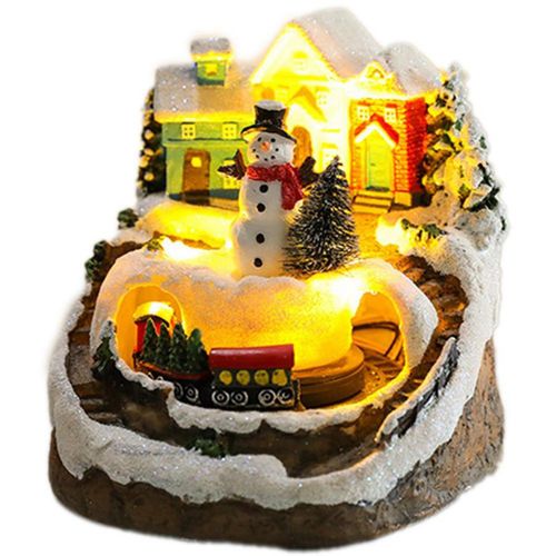 Les Maisons De Village De Noël Définissent Des Figurines D'affichage De Train Rotatif Led Allument La Décoration Musicale De Vacances De Noël Bonhomme De Neige