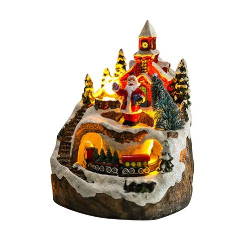 Les Maisons De Village De Noël Définissent Des Figurines D'affichage De Train Rotatif Led Allument La Décoration Musicale De Vacances De Noël Père Noël