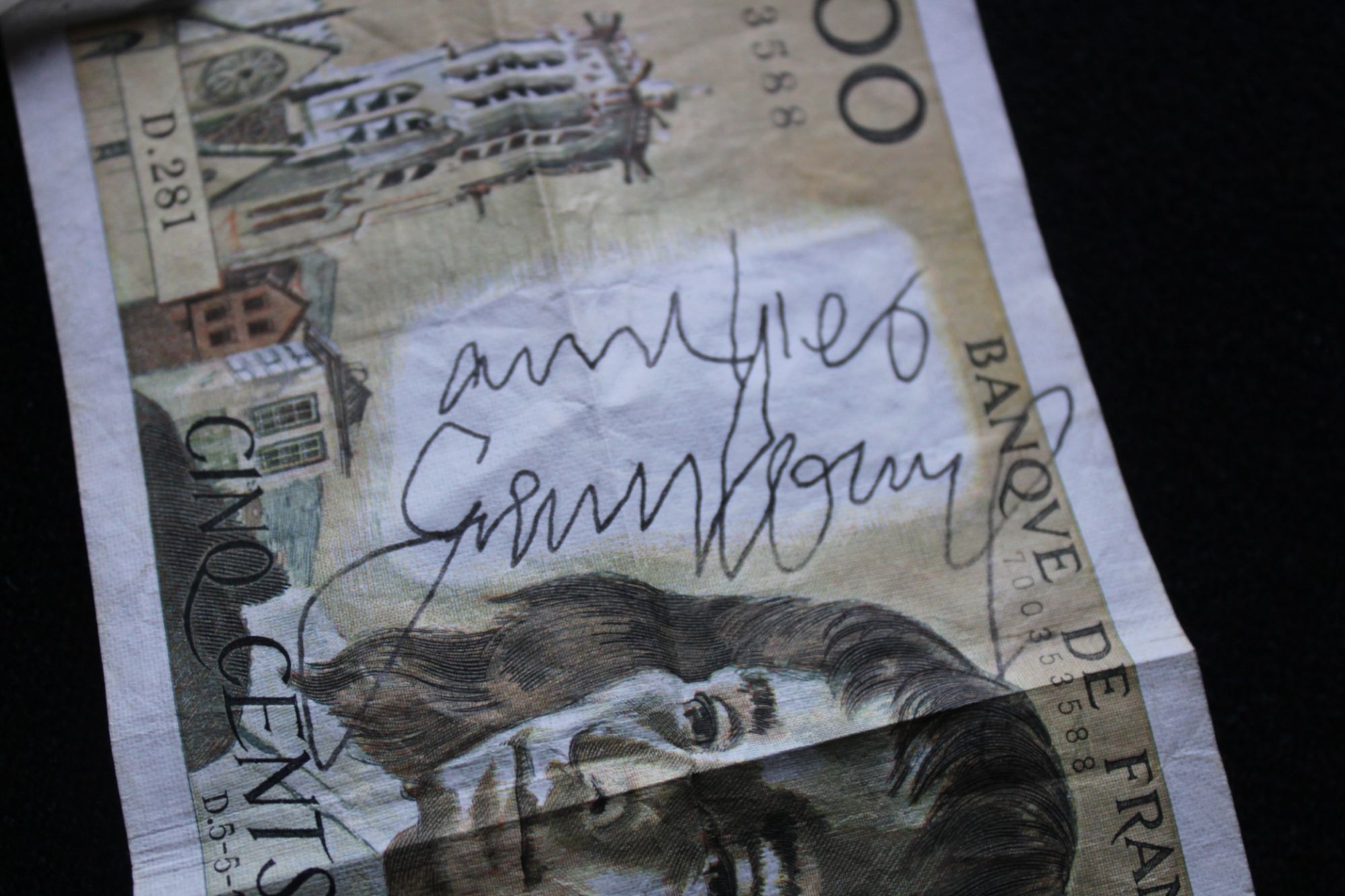 Autographe Serge Gainsbourg Sur Billet 500 Francs Pascal, Dédicace Gainsbourg Avec Certificat Authenticité