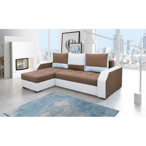 Canapé D'angle Convertible Réversible Design Aris - Tissu Marron Et Blanc / Pu Blanc