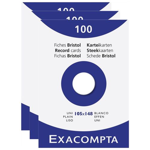 Exacompta Lot De 3 Étuis De 100 Fiches - Bristol Uni Non Perforé 105x148mm - Blanc
