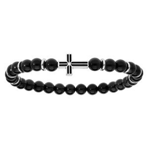 Bracelet Acier Extensible Boules Agate Noire Motif Croix