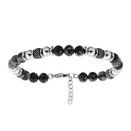 Bracelet Acier Boules Obsidienne Véritable 19+3cm