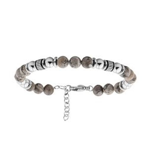 Bracelet Acier Boules Jaspe Gris Véritable 19+3cm