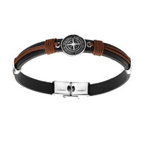 Bracelet Acier Et Cuir Bovin Noir Coton Marron Rondelle Boussole 20,5cm Réglable