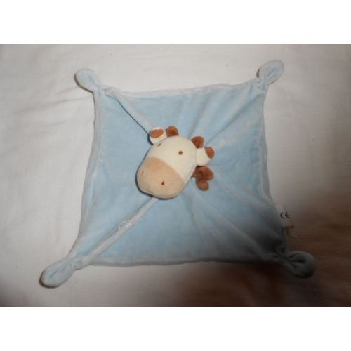 Okaidi Obaibi Vache Girafe Doudou Plat Carré Bleu 4 Coins Peluche
