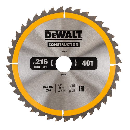 Dewalt DT1953 Construction Lame de scie circulaire - 216 x 30 x 40D - Bois (avec clous)