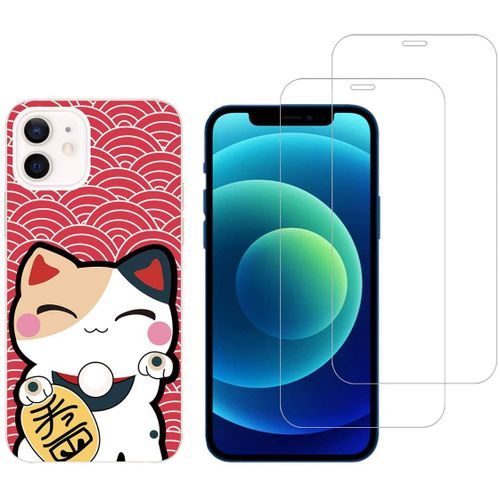 Coque Fantaisie + 2 Films En Verre Trempé Résistants Anti Casse Écran Pour Iphone 12 Mini (Chat) [Novago®]
