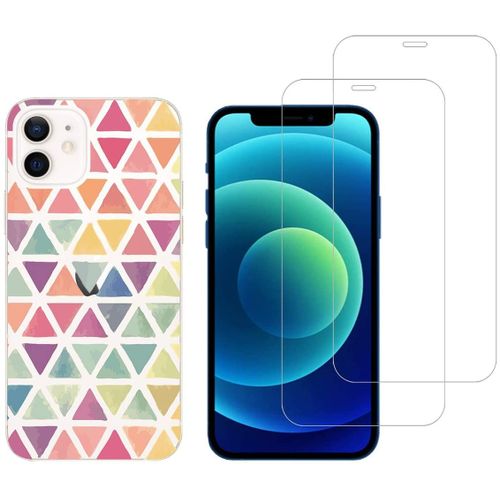 Coque Fantaisie + 2 Films En Verre Trempé Résistants Anti Casse Écran Pour Iphone 12 Mini (Mosaïques) [Novago®]