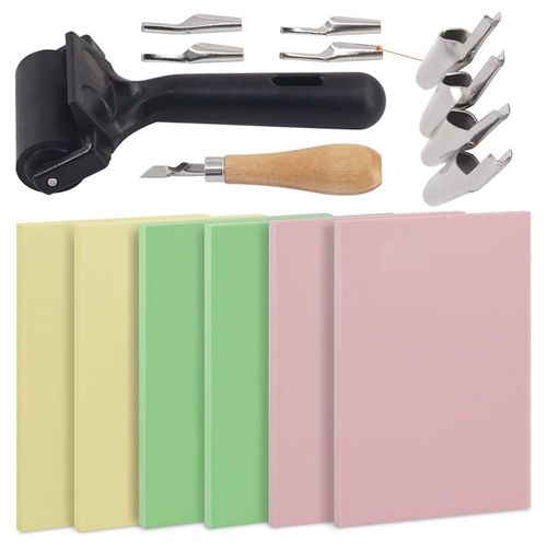 Kit De Fabrication De Tampons En Caoutchouc 12 Pièces Avec Bloc De Tampon, Rouleau De Brayer En Caoutchouc, Outil De Coupe De Sculpture Sur Caoutchouc Et Bois