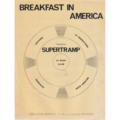 Rare Partition Supertramp Breakfast In America Rick Davies Roger Hodgson