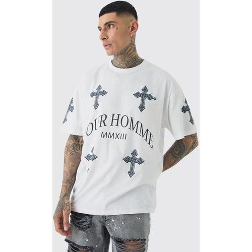Tall Pour Homme Cross Printed T-Shirt In White Homme - Blanc - Xxl, Blanc