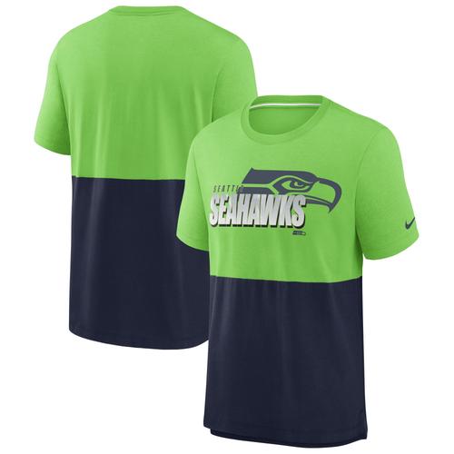 T-Shirt Seattle Seahawks Nike Logo Name Colorblock - Vert Action / Bleu Marine Universitaire - Homme