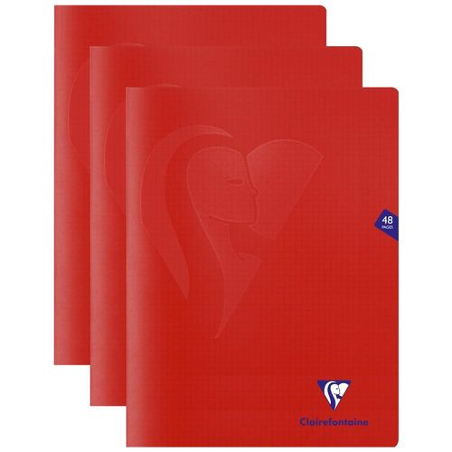 Clairefontaine Lot De 3 Cahiers Piqué Mimesys 24x32cm 48 Pages Petits Carreaux Couverture Pp Rouge