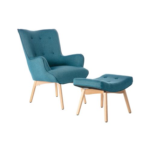 Fauteuil Design Scandinave Et Son Repose Pied Bleu Canard Et Bois Clair Bristol