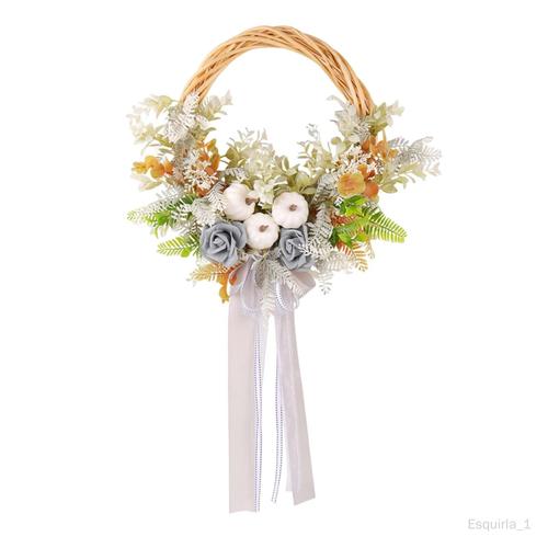 Couronne de fleurs artificielles avec citrouilles blanches, couronne de