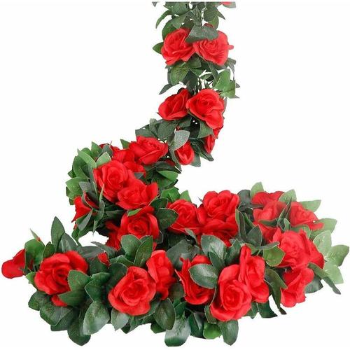 Lot De 4 Guirlande De Rose Artificielles Avec Feuille De Lierre Fausse Soie Roses Fleurs Artificielles A Suspendre Pour La Maison, Mariage Arche Arrangement Jardin (Rouge) Goodnice