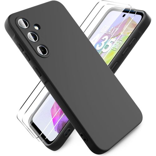 Hqselection® Coque Silicone Noir Mat Pour Samsung Galaxy A35 5g + 2 Verre Trempé Film Protection Écran - Anti Rayures - Ultra Résistant Dureté 9h