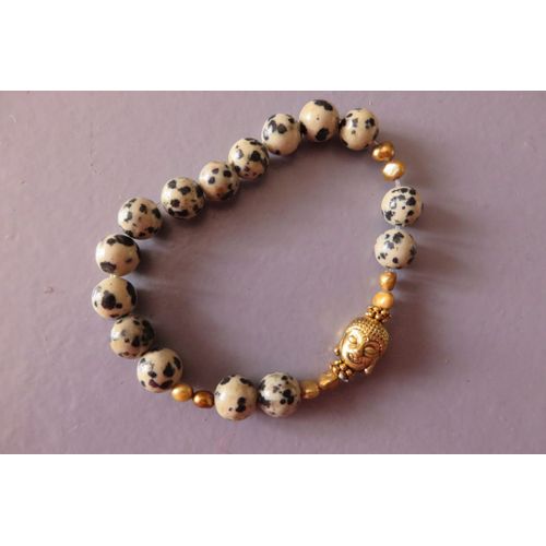 Bracelet Mixte Perles + Pierre Blanches Taches Noires Et Bouddha /21