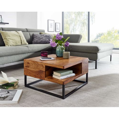 Table Basse De Salon Bois Massif Métal 60x60x34,5 Cm Carré Table Canapé