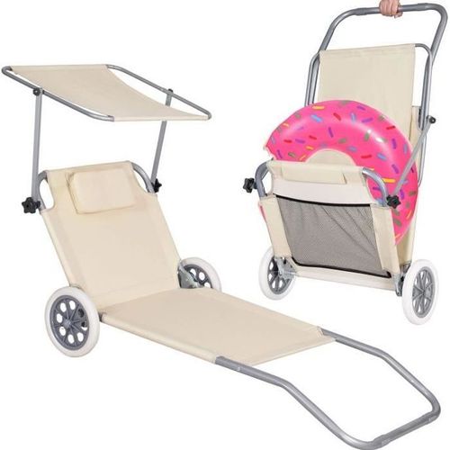 Springos® Chaise Longue De Plage Fauteuil Inclinable D'été Avec Roues Et Pare-Soleil Appui-Tête 51 X 150 Cm