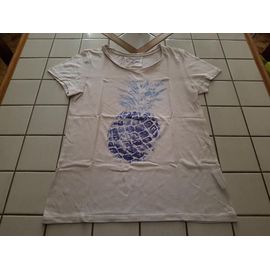 T-Shirt Tee Shirt Manches Courtes Blanc Motif Ananas Bleu Poitrine Taille S Ou 14 Ans