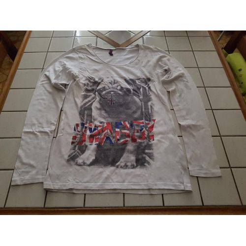 T-Shirt Tee Shirt Manches Longues Blanc Motif Chien Carlin Anglais Swaggy Taille 16 Ans