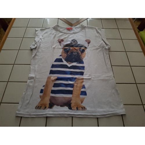 T-Shirt Tee Shirt Sans Manche Blanc Motif Avant Et Arrière Jean-Paul Bulldog Français Taille M Ou 16/18 Ans