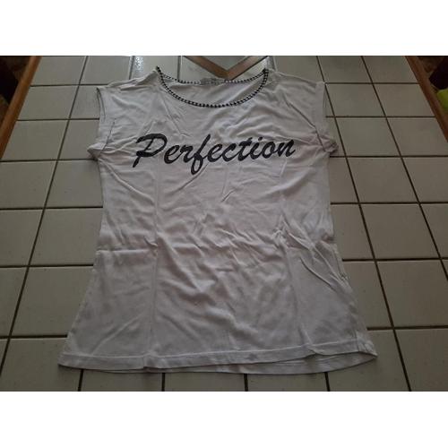 T-Shirt Tee Shirt Sans Manche Blanc Etam Slogan Poitrine Perfection Taille Xs Ou 14 Ans