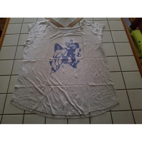 T-Shirt Tee Shirt Manches Très Courtes Gris Clair Motif Poitrine Bulldog Et Papillons Bleus Taille L Ou 42/44