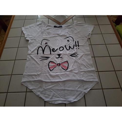 T-Shirt Tee Shirt Manches Courtes Blanc Motif Poitrine Chat Meow Avec N¿Ud Papillon Rose Cache-Cache Funny Lady Taille Xs Ou 14 Ans