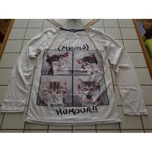 T-Shirt Tee Shirt Manches Longues Blanc Motif Poitrine 4 Chats Humour Meow Fpc Fashion Private Company Taille S Ou 16 Ans
