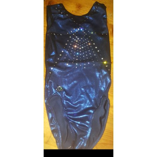 Justaucorps Bleu De Gymnastique Sans Manche Avec Cristaux Taille 12-14 Ans