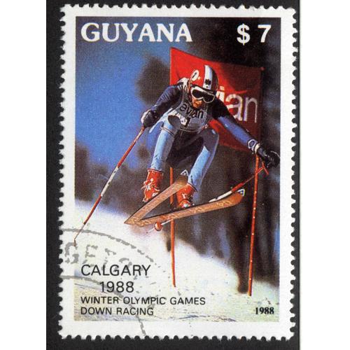 Timbre Calgary 1988 Winter Olympic Games Down Racing.1988.Guyana 7 Dol.