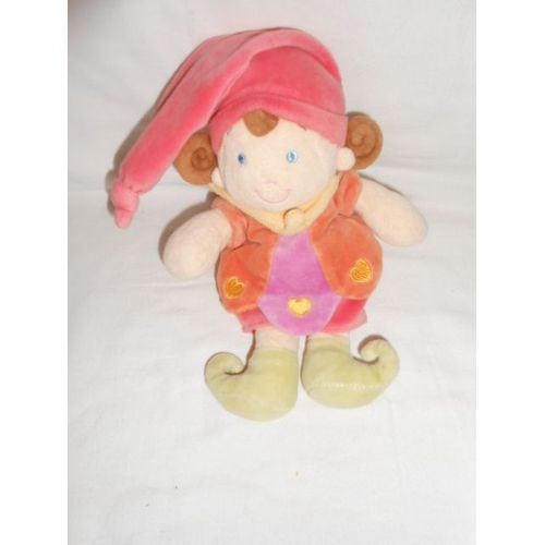 Doudou Lutin Fillette Cheveux Chatain Bonnet Orange Tee Shirt Rose Coeur Col Jaune Chausson Vert Orchestra Premaman Zazibao