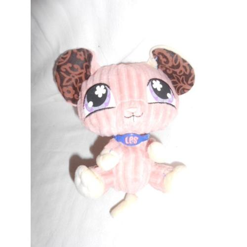 Doudou Peluche Chat Chien Rose Violet Mauve Lilas Parme Marron Fleur Collier Plastique Souris Velours Petshop Hasbro Littles Pet Shop Lps 15cm