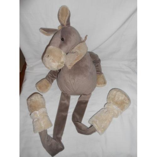 Peluche Doudou Cheval Âne Poney 80 Cm - Longue Jambe - Marron Beige Crème Ecru Taupe Foulard Raye - Cmi Playkids