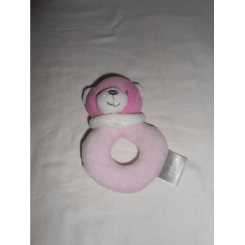 Doudou Hochet Grelot Ours Rose Les Petits Cailloux Cmp Col Beige Ecru Creme Anneau Rond