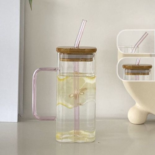 Verre À Boire Carré Coloré Pour Soda, Tasse Carrée Avec Légumes Et Pailles, Couche De Poignée Unique, Café Glacé, Lait, Thé À Bulles, Eau, 400ml