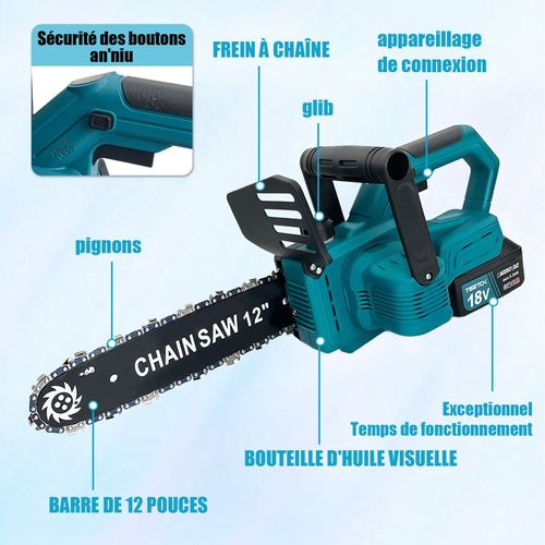 Tronçonneuse chaîne sans 12 pouces fil Brushless¿Affichage de la quantité électrique batterie 2x55.ah+chargeur compatible Makita
