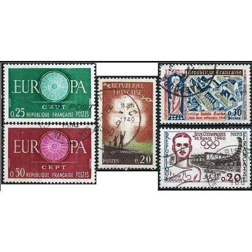 France 1960, Beaux Timbres Yvert 1264 Appel Du Général De Gaulle, 1265 Jeux Olympiques De Rome - Jean Bouin, 1266 Et 1267 Paire Europa Et 1280 Collège Sainte Barbe, Paris, Oblitérés, Tbe
