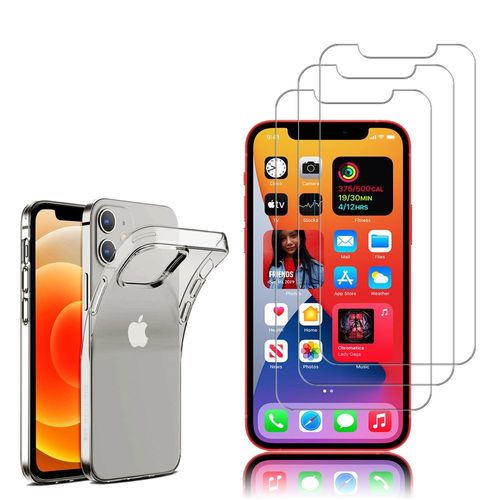 Coque Silicone Pour Apple Iphone 12 6.1" Gel Ultraslim Et Ajustement Parfait - Transparent + 3 Films Verre Trempé - Transparent