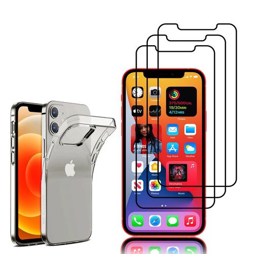 Coque Silicone Pour Apple Iphone 12 6.1" Gel Ultraslim Et Ajustement Parfait - Transparent + 3 Films Verre Trempé - Noir