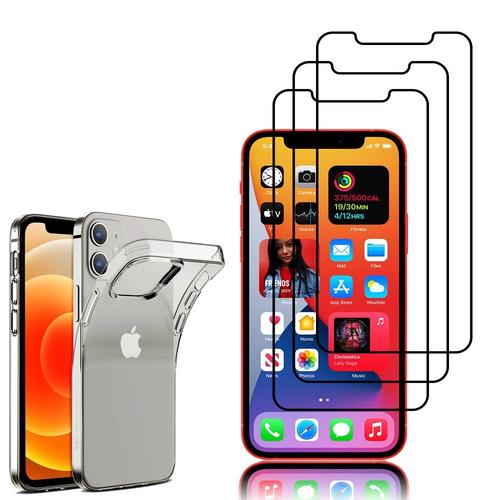 Coque Silicone Pour Apple Iphone 12 Mini 5.4" Gel Ultraslim Et Ajustement Parfait - Transparent + 3 Films Verre Trempé - Noir