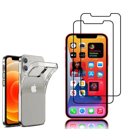 Coque Silicone Pour Apple Iphone 12 Mini 5.4" Gel Ultraslim Et Ajustement Parfait - Transparent + 2 Films Verre Trempé - Noir