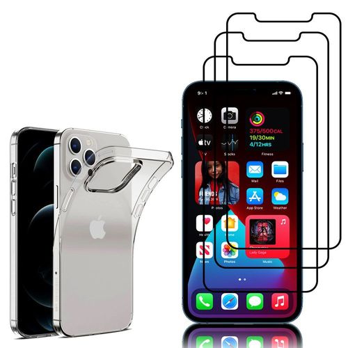 Coque Silicone Pour Apple Iphone 12 Pro 6.1" Gel Ultraslim Et Ajustement Parfait - Transparent + 3 Films Verre Trempé - Noir