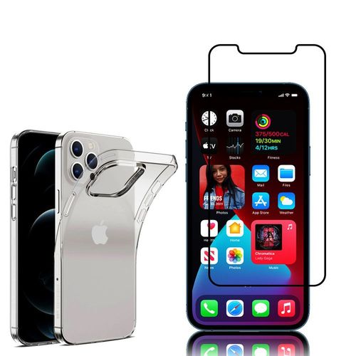 Coque Silicone Pour Apple Iphone 12 Pro 6.1" Gel Ultraslim Et Ajustement Parfait - Transparent + 1 Film Verre Trempé - Noir