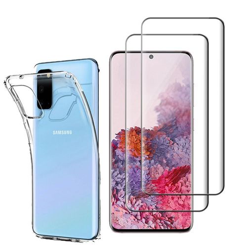 Coque Silicone Pour Samsung Galaxy S20/ S20 5g 6.2" Gel Ultraslim Et Ajustement Parfait - Transparent + 2 Films Verre Trempé Incurvé - Noir
