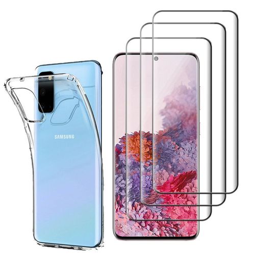 Coque Silicone Pour Samsung Galaxy S20/ S20 5g 6.2" Gel Ultraslim Et Ajustement Parfait - Transparent + 3 Films Verre Trempé Incurvé - Noir
