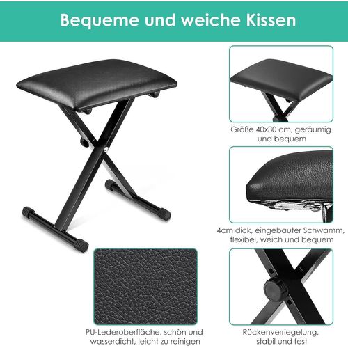 Tabouret Piano Réglable En Hauteur, Siege Piano En Forme De X, Banc Piano Pliable, Piano Throne Rembourré En Cuir Synthétique, Noir